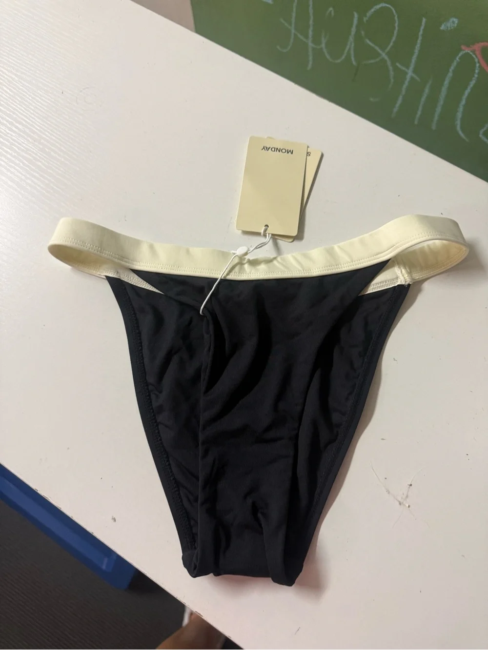 Monday Swimwear Black Bikini Bottom with Cream Waistband